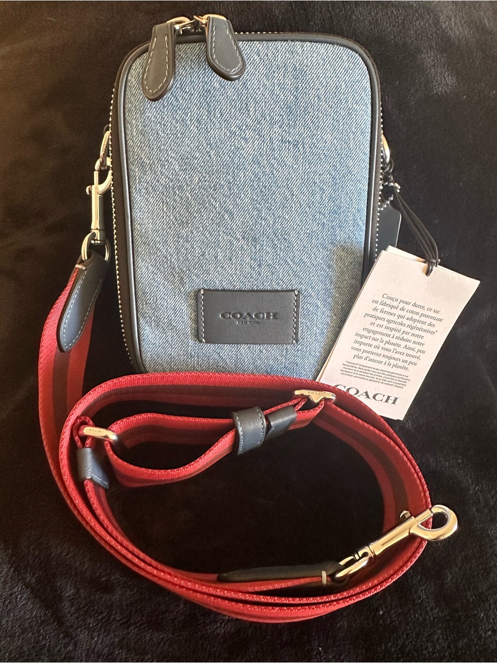 Coach Denim Crossbody Bag with Red Strap and Black Trim